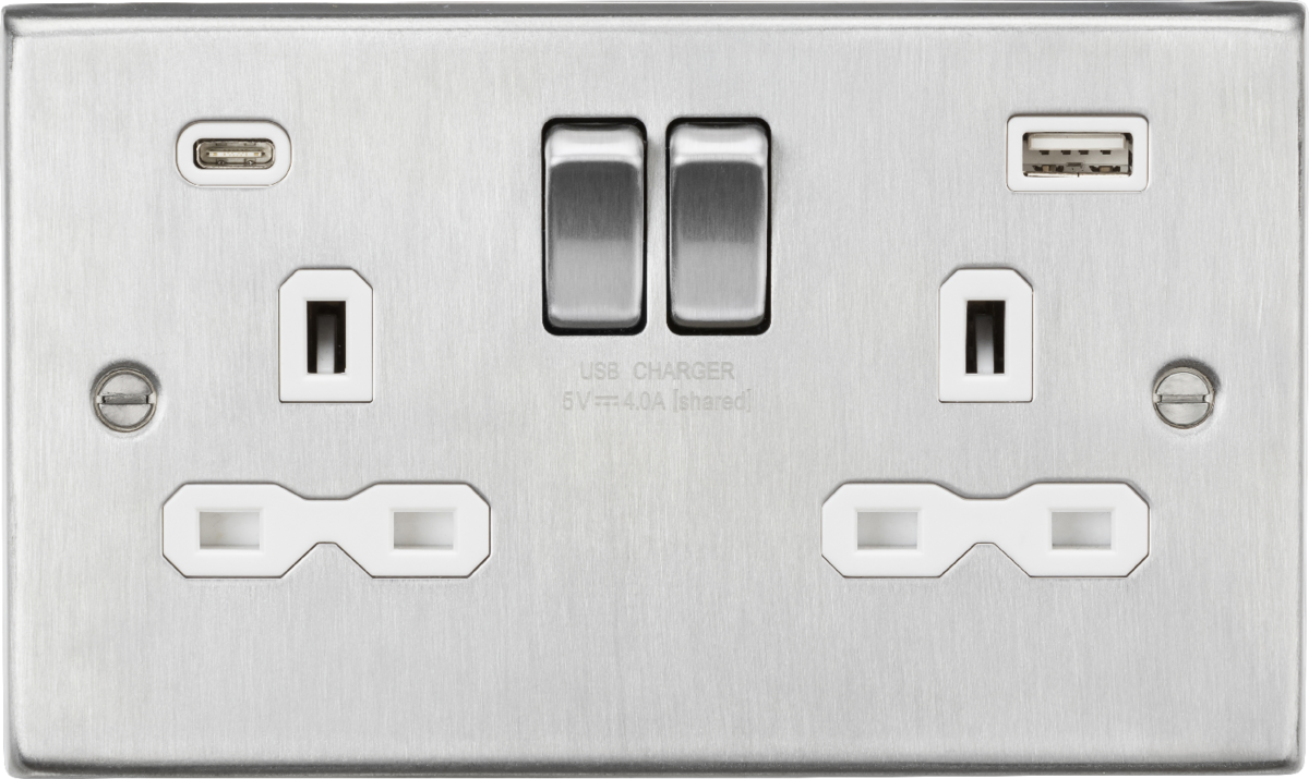 Knightsbridge 13A 2G SP Switched Socket with Dual USB A+C (5V DC 4.0A shared) – Brushed Chrome with White Insert - West Midland Electrics | CCTV & Electrical Wholesaler