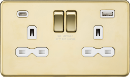 Knightsbridge 13A 2G SP Switched Socket with Dual USB A+C (5V DC 4.0A shared) – Polished Brass with White Insert - West Midland Electrics | CCTV & Electrical Wholesaler