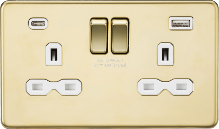 Knightsbridge 13A 2G SP Switched Socket with Dual USB A+C (5V DC 4.0A shared) – Polished Brass with White Insert - West Midland Electrics | CCTV & Electrical Wholesaler 3