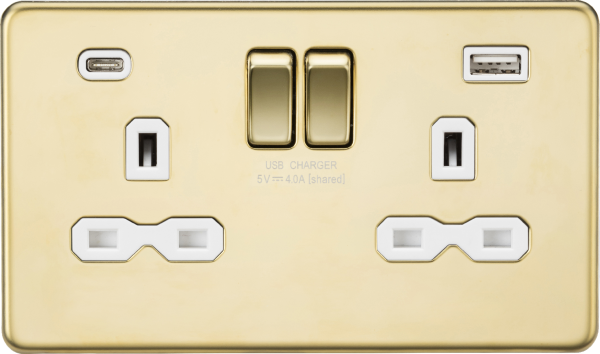 Knightsbridge 13A 2G SP Switched Socket with Dual USB A+C (5V DC 4.0A shared) – Polished Brass with White Insert - West Midland Electrics | CCTV & Electrical Wholesaler