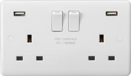 Knightsbridge Curved Edge 13A 2G DP Switched Socket with Dual USB Charger (5V DC 4.8A shared) CU9948 - West Midland Electrics | CCTV & Electrical Wholesaler