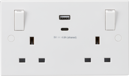 Knightsbridge 13A 2G Switched socket with outboard rockers and dual USB (A+C) 5V DC 4.8A shared SN9002 - West Midland Electrics | CCTV & Electrical Wholesaler