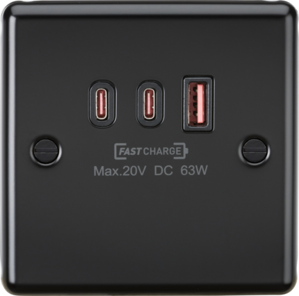 Knightsbridge 230V Triple USB Charger Plate 2xUISB-C 1xUSB-A [20V DC Max. 63W] – Matt Black - West Midland Electrics | CCTV & Electrical Wholesaler 5