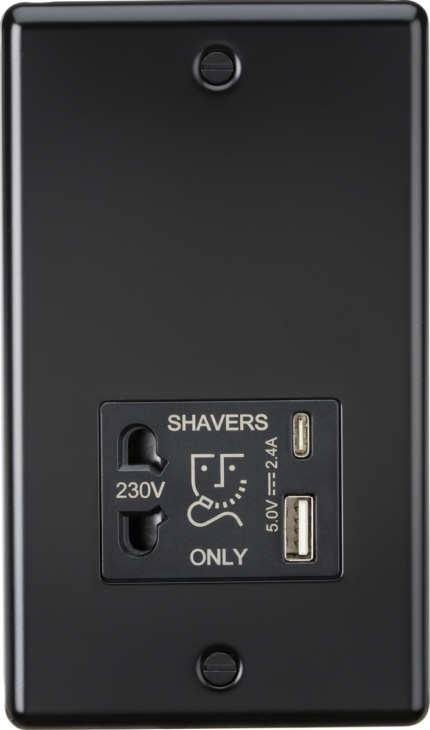 Knightsbridge 230V Shaver Socket with Dual USB A+C [5V DC 2.4A shared] – Matt Black CL8909MB - West Midland Electrics | CCTV & Electrical Wholesaler