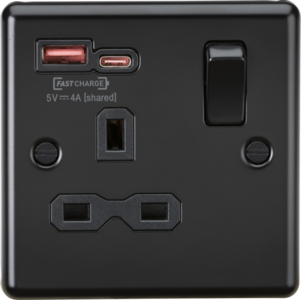 Knightsbridge 13A 1G SP Switched Socket with dual USB Charger A+C [Max. 18W QC/PD FASTCHARGE] – Matt Black CL9919MBB - West Midland Electrics | CCTV & Electrical Wholesaler