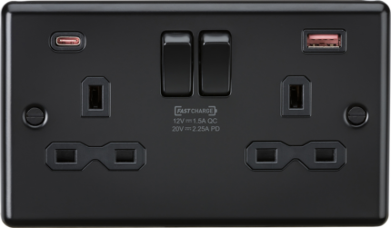 Knightsbridge 13A 2G DP Switched Socket with Dual USB A+C [45W FASTCHARGE] – Matt Black CL9945MBB - West Midland Electrics | CCTV & Electrical Wholesaler