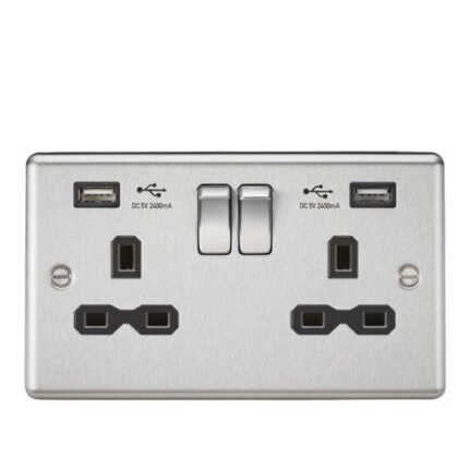 Knightsbridge 13A 2G Switched Socket Dual USB Charger (2.4A) with Black Insert – Rounded Edge Brushed Chrome CL9224BC - West Midland Electrics | CCTV & Electrical Wholesaler 5
