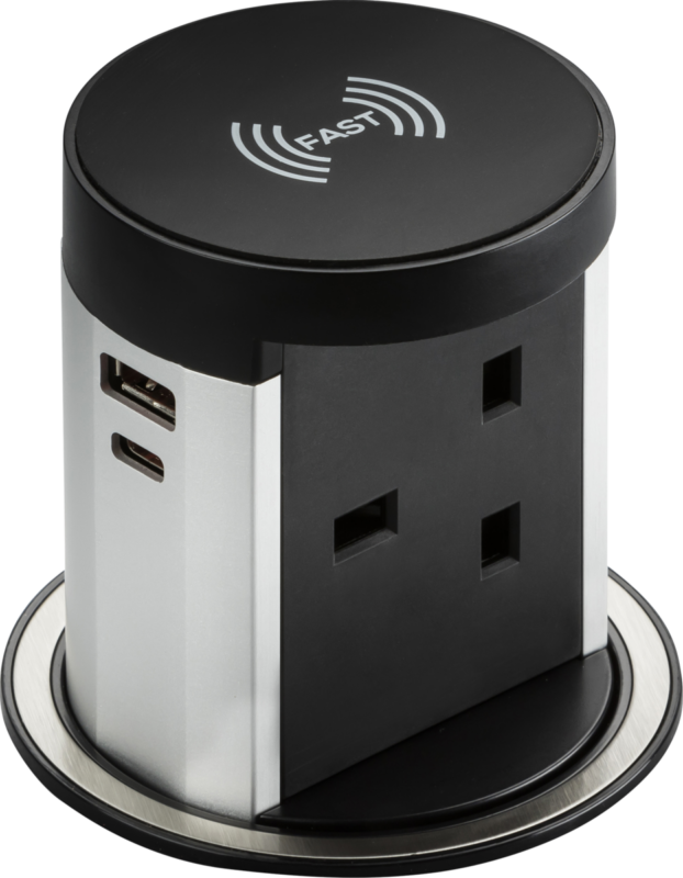 Knightsbridge 13A Pop up Socket with 10W Wireless Charger and Dual USB A+C (12V DC 1.5A) Max. 30W - West Midland Electrics | CCTV & Electrical Wholesaler