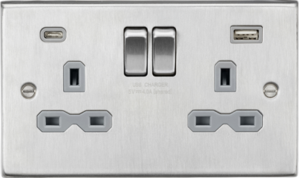 Knightsbridge 13A 2G SP Switched Socket with Dual USB A+C (5V DC 4.0A shared) CS9940BCG – Brushed Chrome with Grey Insert - West Midland Electrics | CCTV & Electrical Wholesaler