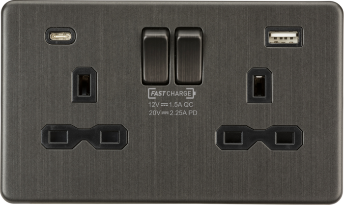 Knightsbridge 13A 2G DP Switched Socket with Dual USB A+C 20V DC 2.25A (Max. 45W) – Smoked Bronze w/Black Insert - West Midland Electrics | CCTV & Electrical Wholesaler 3