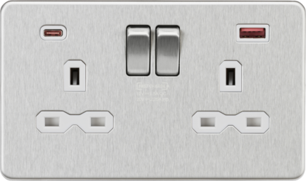 Knightsbridge 13A 2G DP Switched Socket with Dual USB A+C 20V DC 2.25A (Max. 45W) – Brushed Chrome w/White Insert - West Midland Electrics | CCTV & Electrical Wholesaler 5
