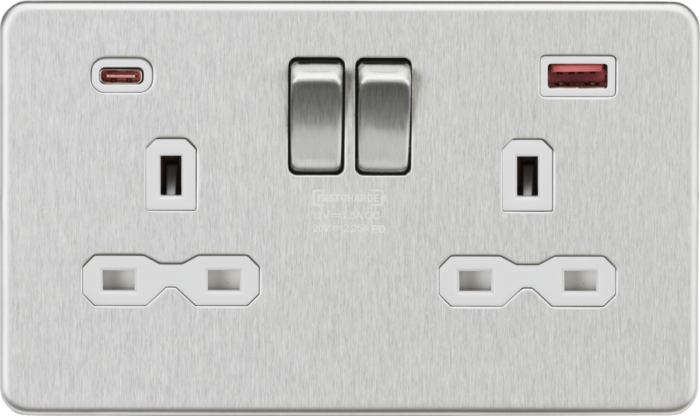 Knightsbridge 13A 2G DP Switched Socket with Dual USB A+C 20V DC 2.25A (Max. 45W) – Brushed Chrome w/White Insert - West Midland Electrics | CCTV & Electrical Wholesaler 3