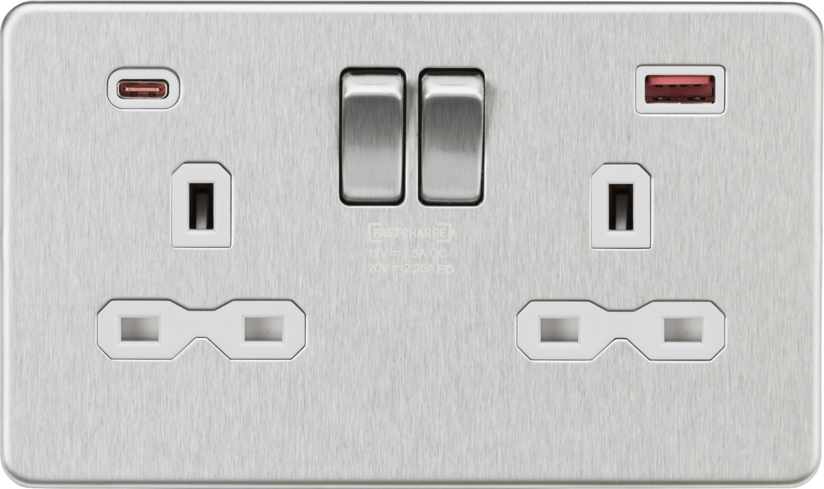 Knightsbridge 13A 2G DP Switched Socket with Dual USB A+C 20V DC 2.25A (Max. 45W) – Brushed Chrome w/White Insert - West Midland Electrics | CCTV & Electrical Wholesaler
