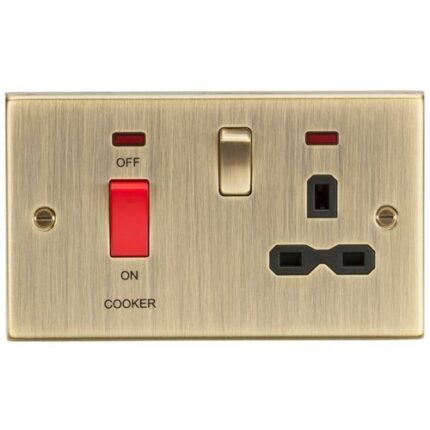 Knightsbridge 45A DP Cooker Switch & 13A Switched Socket with Neons & Black Insert – Square Edge Antique Brass - West Midland Electrics | CCTV & Electrical Wholesaler 5