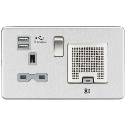 Knightsbridge Screwless 13A socket,USB chargers (2.4A) and Bluetooth Speaker – Brushed chrome with grey insert SFR9905BCG - West Midland Electrics | CCTV & Electrical Wholesaler 5