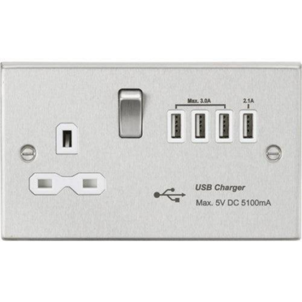 Knightsbridge 13A switched socket with quad USB charger (5.1A) – brushed chrome with white insert CS7USB4BCW - West Midland Electrics | CCTV & Electrical Wholesaler