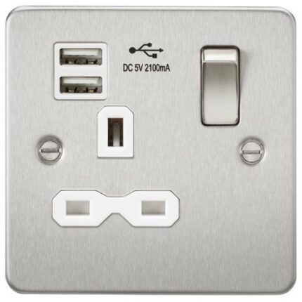 Knightsbridge Flat plate 13A 1G switched socket with dual USB charger (2.1A) – brushed chrome with white insert - West Midland Electrics | CCTV & Electrical Wholesaler 5