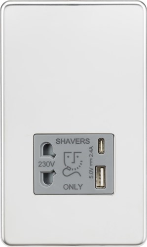 Knightsbridge Shaver socket with dual USB A+C (5V DC 2.4A shared) – polished chrome with grey insert SF8909PCG - West Midland Electrics | CCTV & Electrical Wholesaler