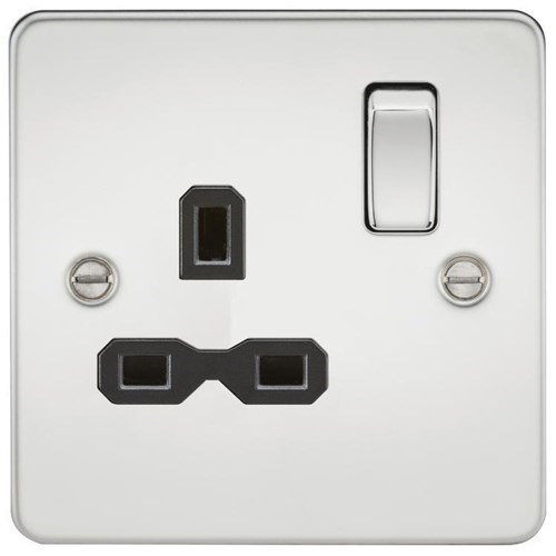 Knightsbridge Flat plate 13A 1G DP switched socket – polished chrome with black insert FPR7000PC - West Midland Electrics | CCTV & Electrical Wholesaler