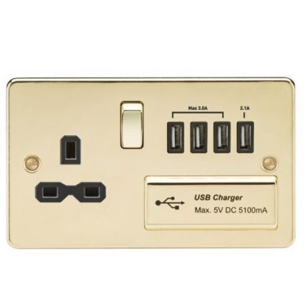 Knightsbridge Flat plate 13A switched socket with quad USB charger – polished brass with black insert FPR7USB4PB - West Midland Electrics | CCTV & Electrical Wholesaler