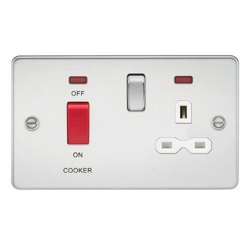 Knightsbridge Flat plate 45A DP switch and 13A switched socket with neon – polished chrome with white insert FPR8333NPCW - West Midland Electrics | CCTV & Electrical Wholesaler 3