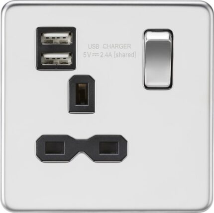Knightsbridge Screwless 13A 1G switched socket with dual USB charger (2.4A) – polished chrome with black insert SFR9124PC - West Midland Electrics | CCTV & Electrical Wholesaler