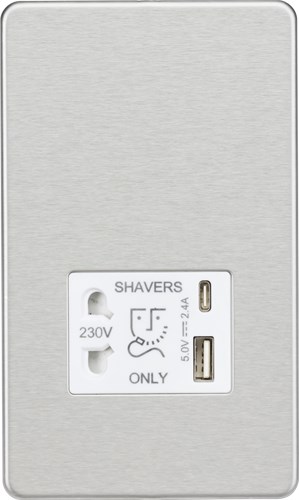 Knightsbridge Shaver socket with dual USB A+C (5V DC 2.4A shared) – brushed chrome with white insert SF8909BCW - West Midland Electrics | CCTV & Electrical Wholesaler