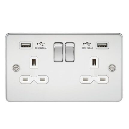Knightsbridge Flat plate 13A 2G switched socket with dual USB charger (2.4A) – polished chrome with white insert FPR9224PCW - West Midland Electrics | CCTV & Electrical Wholesaler 5