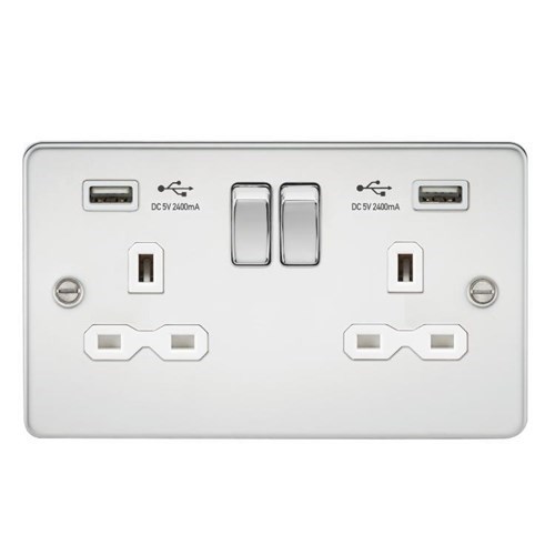 Knightsbridge Flat plate 13A 2G switched socket with dual USB charger (2.4A) – polished chrome with white insert FPR9224PCW - West Midland Electrics | CCTV & Electrical Wholesaler 3