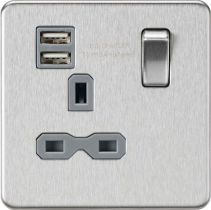 Knightsbridge Screwless 13A 1G switched socket with dual USB charger (2.4A) – brushed chrome with grey insert SFR9124BCG - West Midland Electrics | CCTV & Electrical Wholesaler