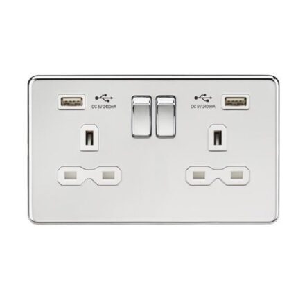 Knightsbridge 13A 2G Switched Socket with Dual USB Charger (2.4A) – Polished Chrome with White Insert SFR9224PCW - West Midland Electrics | CCTV & Electrical Wholesaler 5