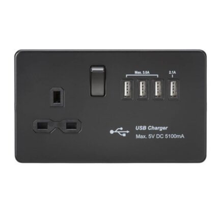 Knightsbridge Screwless 13A switched socket with quad USB charger (5.1A) – Matt Black SFR7USB4MBB - West Midland Electrics | CCTV & Electrical Wholesaler