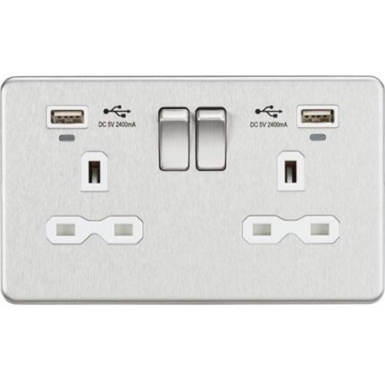 Knightsbridge 13A 2G Switched Socket,Dual USB (2.4A) with LED Charge Indicators – Brushed Chrome w/white insert SFR9904NBCW - West Midland Electrics | CCTV & Electrical Wholesaler 5