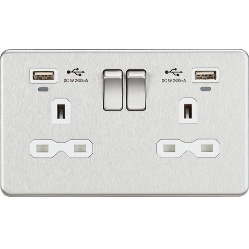 Knightsbridge 13A 2G Switched Socket,Dual USB (2.4A) with LED Charge Indicators – Brushed Chrome w/white insert SFR9904NBCW - West Midland Electrics | CCTV & Electrical Wholesaler 3
