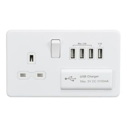 Knightsbridge Screwless 13A switched socket with quad USB charger (5.1A) – matt white SFR7USB4MW - West Midland Electrics | CCTV & Electrical Wholesaler 5
