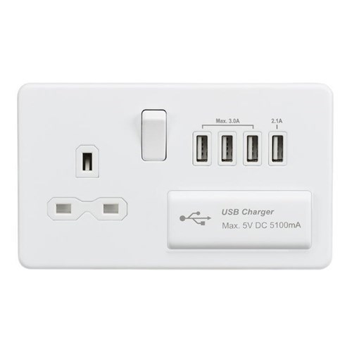 Knightsbridge Screwless 13A switched socket with quad USB charger (5.1A) – matt white SFR7USB4MW - West Midland Electrics | CCTV & Electrical Wholesaler 3