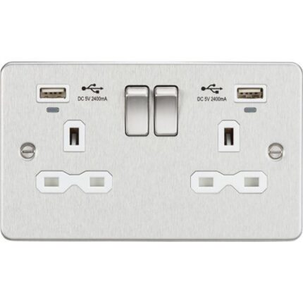 Knightsbridge Flat Plate 13A Smart 2G switched socket with USB chargers (2.4A) – Brushed Chrome with white insert FPR9904NBCW - West Midland Electrics | CCTV & Electrical Wholesaler 5
