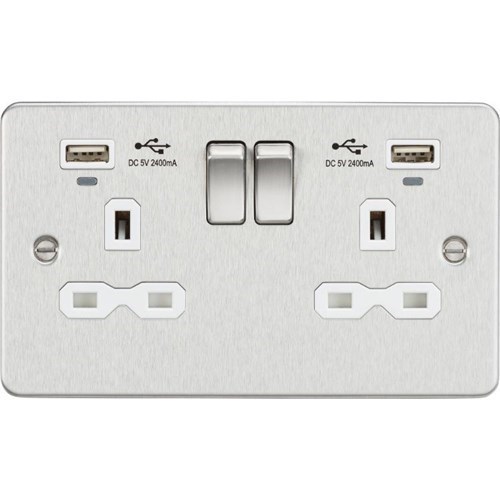 Knightsbridge Flat Plate 13A Smart 2G switched socket with USB chargers (2.4A) – Brushed Chrome with white insert FPR9904NBCW - West Midland Electrics | CCTV & Electrical Wholesaler 3