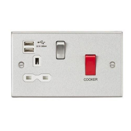 Knightsbridge 45A DP Switch & 13A Switched Socket with Dual USB Charger 2.4A – Brushed Chrome with white insert CS8333UBCW - West Midland Electrics | CCTV & Electrical Wholesaler 5