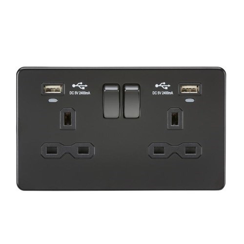 Knightsbridge 13A 2G Switched Socket,Dual USB (2.4A) with LED Charge Indicators – Matt Black SFR9904NMBB - West Midland Electrics | CCTV & Electrical Wholesaler 3