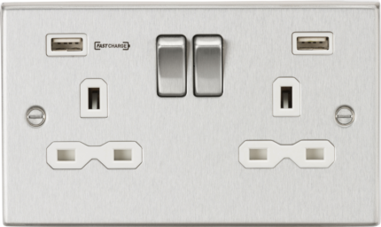 Knightsbridge 13A 2G DP Switched Socket with Dual USB Charger (Type-A FASTCHARGE port) – Brushed Chrome/White CS9906BCW - West Midland Electrics | CCTV & Electrical Wholesaler