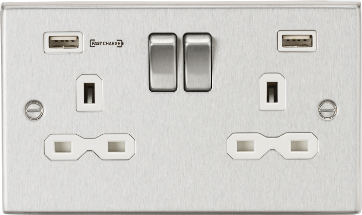 Knightsbridge 13A 2G DP Switched Socket with Dual USB Charger (Type-A FASTCHARGE port) – Brushed Chrome/White CS9906BCW - West Midland Electrics | CCTV & Electrical Wholesaler