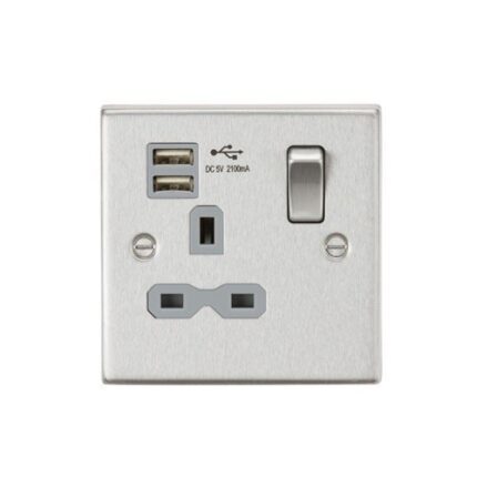 Knightsbridge 13A 1G Switched Socket Dual USB Charger (2.1A) with Grey Insert – Square Edge Brushed Chrome CS91BCG - West Midland Electrics | CCTV & Electrical Wholesaler