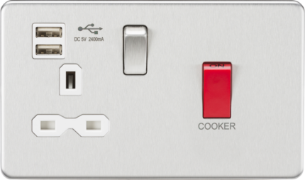 Knightsbridge 45A DP Switch & 13A Switched Socket with Dual USB Charger 2.4A – Brushed Chrome with white insert SFR8333UBCW - West Midland Electrics | CCTV & Electrical Wholesaler 3