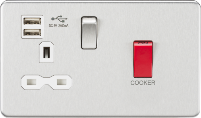 Knightsbridge 45A DP Switch & 13A Switched Socket with Dual USB Charger 2.4A – Brushed Chrome with white insert SFR8333UBCW - West Midland Electrics | CCTV & Electrical Wholesaler 3