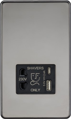 Knightsbridge Shaver socket with dual USB A+C (5V DC 2.4A shared) – black nickel SF8909BN - West Midland Electrics | CCTV & Electrical Wholesaler