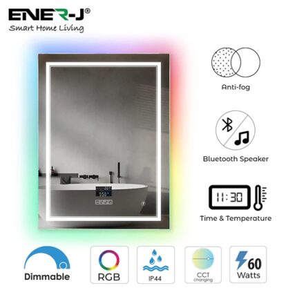 Ener-J LED Mirror CCT & Dimming in front & RGB in borders with Bluetooth Speaker, Rectangular shape- Width 50cm;Height 70cm - West Midland Electrics | CCTV & Electrical Wholesaler 5