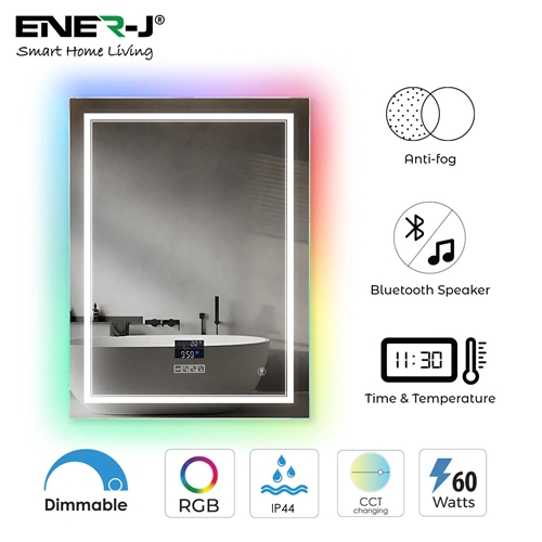 Ener-J LED Mirror CCT & Dimming in front & RGB in borders with Bluetooth Speaker, Rectangular shape- Width 50cm;Height 70cm - West Midland Electrics | CCTV & Electrical Wholesaler