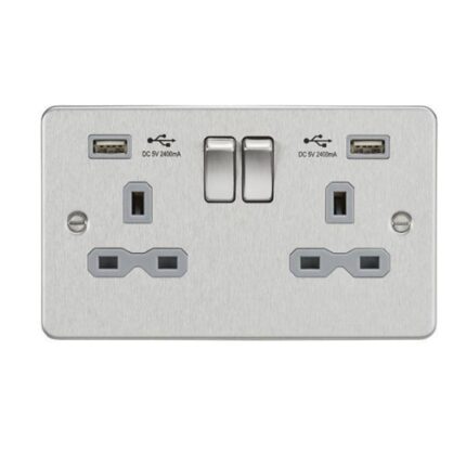 Knightsbridge Flat plate 13A 2G switched socket with dual USB charger (2.4A) – brushed chrome with grey insert FPR9224BCG - West Midland Electrics | CCTV & Electrical Wholesaler 5