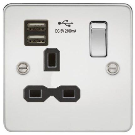 Knightsbridge Flat plate 13A 1G switched socket with dual USB charger (2.1A) – polished chrome with black insert FPR9901PC - West Midland Electrics | CCTV & Electrical Wholesaler